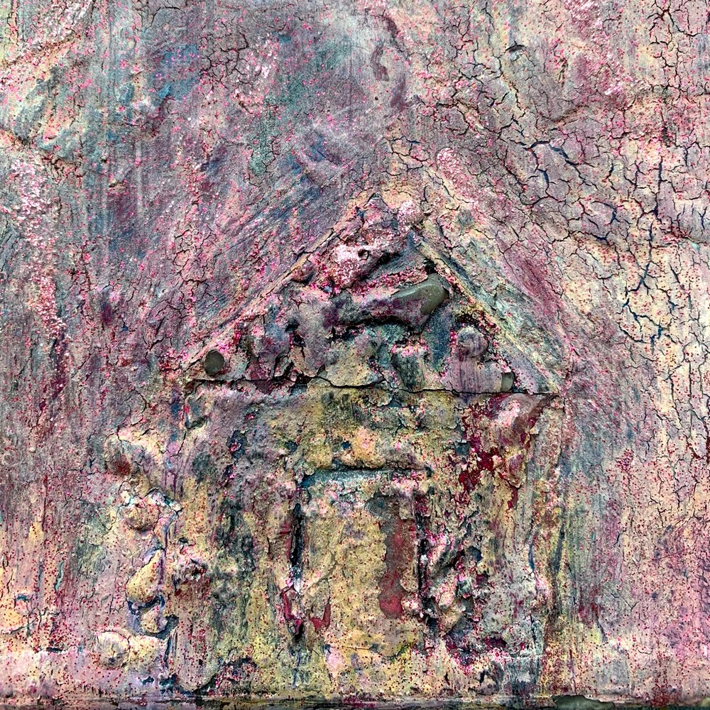 “One Home,” encaustic and mixed media on board.